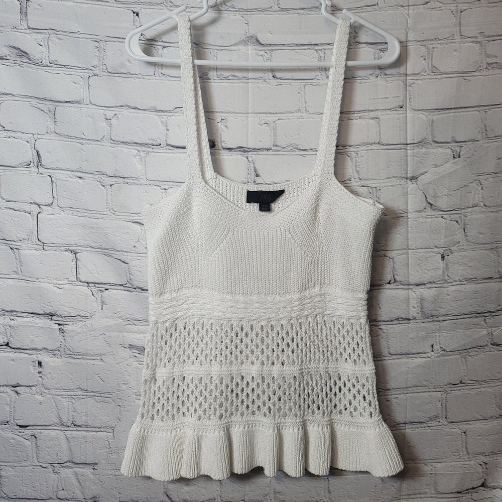 Zara Tank Top‎ Womens Large White Knit Square Neck Ruffle Hem Crochet Camisole